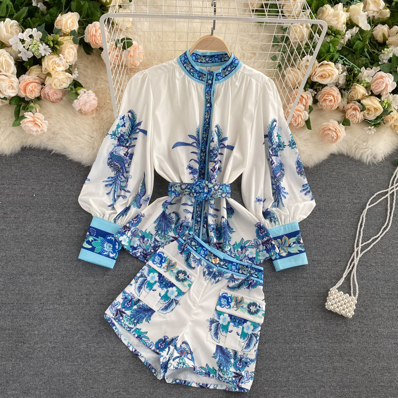 Two Piece Set Vintage Pull Sleeve Blouse / Tops And Shorts 2 Piece Set