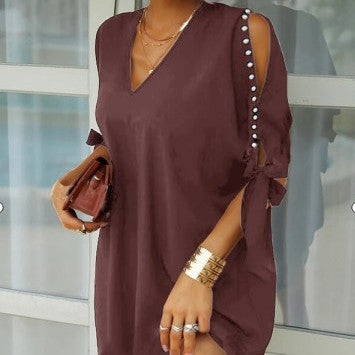 V-neck Short Sleeve Solid Color Loose Dress