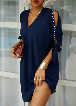 V-neck Short Sleeve Solid Color Loose Dress